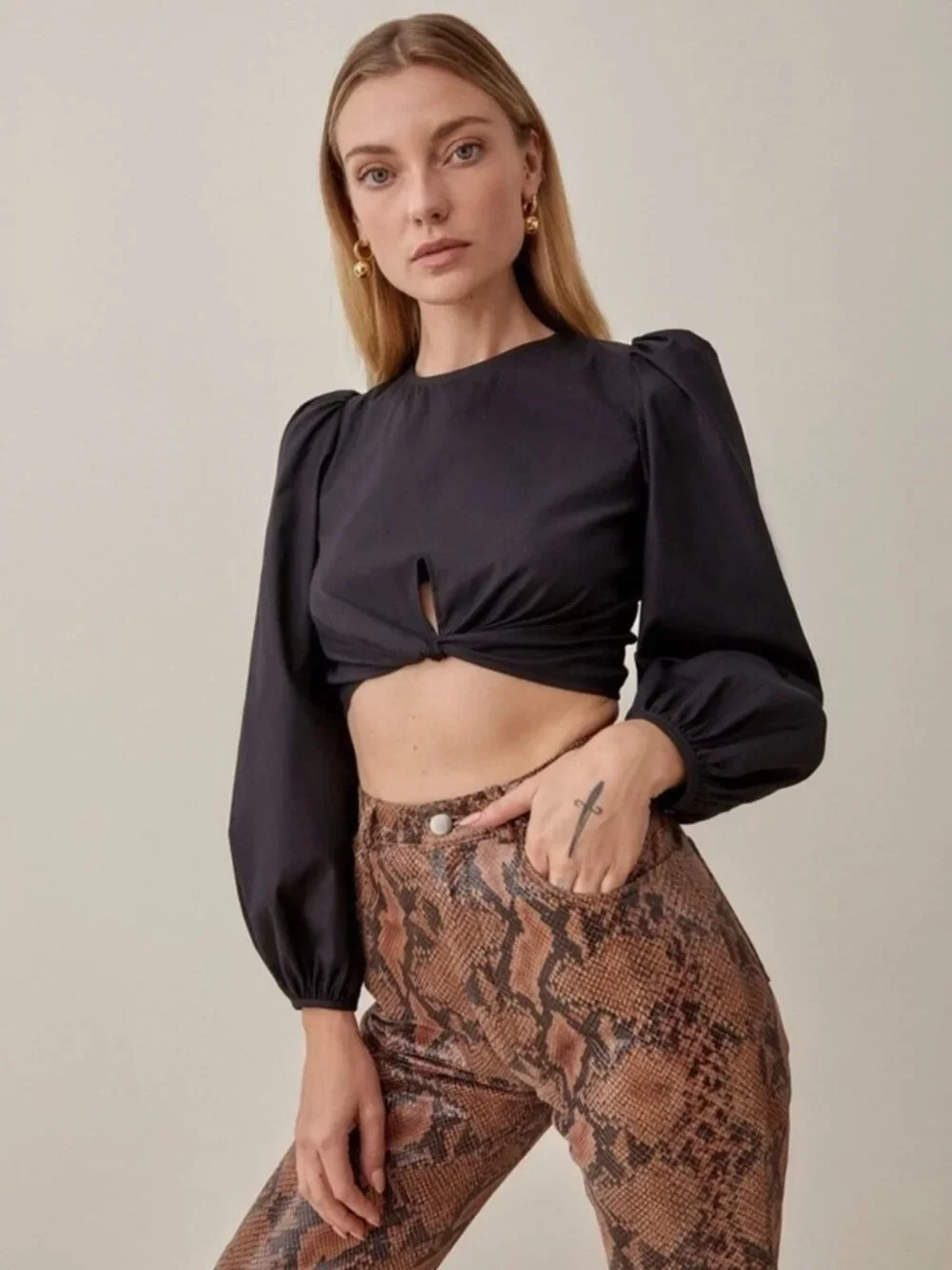 Reformation Derek Top Black Crop Top Puff Sleeve Twist Front Organic Cotton